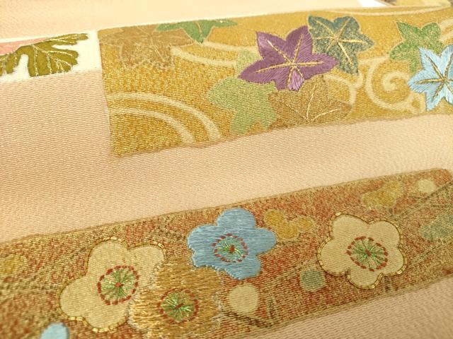 平和屋着物●九寸名古屋帯　駒刺繍　吉祥花文　鬼しぼ縮緬　金彩　正絹　逸品　DABD1298ps