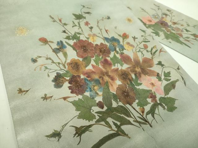 平和屋着物●九寸名古屋帯　押し花　銀彩　正絹　逸品　DABD1299ps