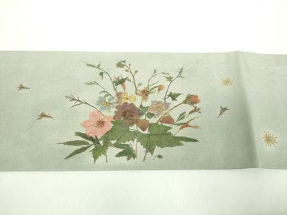 平和屋着物●九寸名古屋帯　押し花　銀彩　正絹　逸品　DABD1299ps