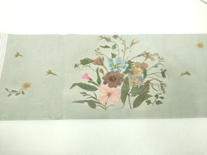 平和屋着物●九寸名古屋帯　押し花　銀彩　正絹　逸品　DABD1299ps
