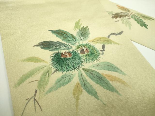 平和屋着物●九寸名古屋帯　手描き　栗　鬼しぼ縮緬　正絹　逸品　DABD1301ps