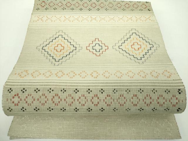 平和屋着物▽八寸名古屋帯 スリーシーズン 春夏秋 紬地 花織 菱文 正絹 逸品 DABD1303ps