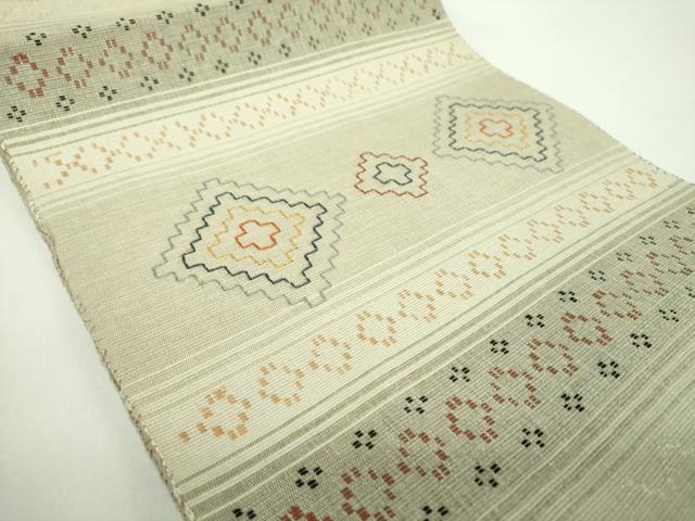 平和屋着物▽八寸名古屋帯 スリーシーズン 春夏秋 紬地 花織 菱文 正絹 逸品 DABD1303ps