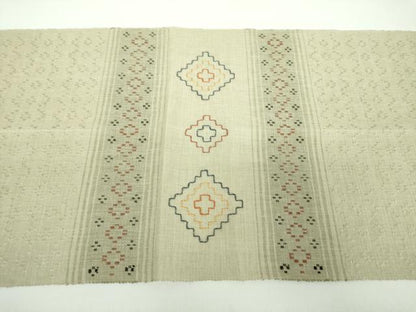 平和屋着物▽八寸名古屋帯 スリーシーズン 春夏秋 紬地 花織 菱文 正絹 逸品 DABD1303ps