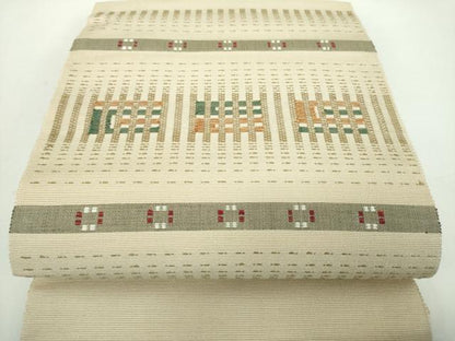 平和屋着物●八寸名古屋帯　紬地　花織　横段文　正絹　逸品　未使用　DABD1309ps