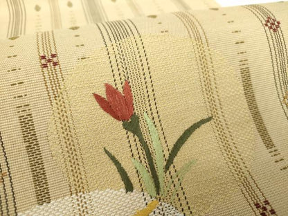 平和屋着物●八寸名古屋帯　刺繍　花織　花丸文　正絹　逸品　DABD1313ps