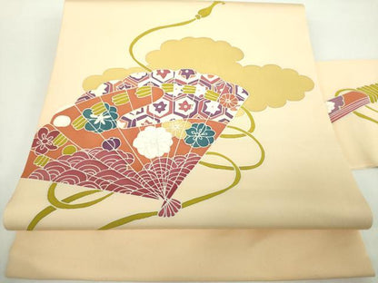 平和屋着物●塩瀬　九寸名古屋帯　雲取り檜扇花文　正絹　逸品　DABD1316ps