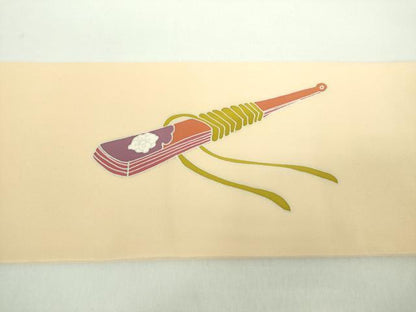 平和屋着物●塩瀬　九寸名古屋帯　雲取り檜扇花文　正絹　逸品　DABD1316ps