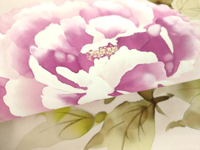 平和屋着物●塩瀬　九寸名古屋帯　作家物　手描き　牡丹文　正絹　逸品　DABD1322ps