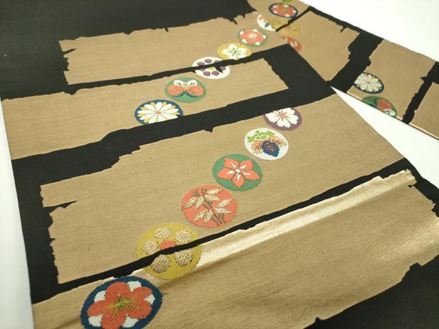 平和屋着物●西陣　川島織物　九寸名古屋帯　唐織　舞蝶花丸文　黒地　金糸　正絹　逸品　DABD1323ps