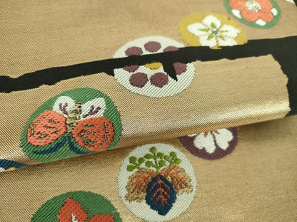 平和屋着物●西陣　川島織物　九寸名古屋帯　唐織　舞蝶花丸文　黒地　金糸　正絹　逸品　DABD1323ps