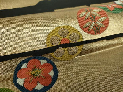 平和屋着物●西陣　川島織物　九寸名古屋帯　唐織　舞蝶花丸文　黒地　金糸　正絹　逸品　DABD1323ps