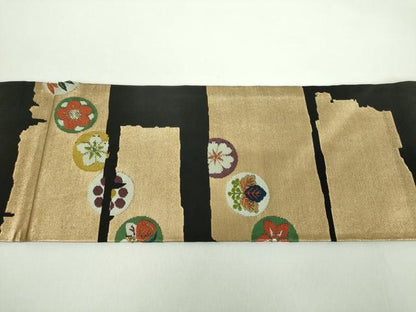 平和屋着物●西陣　川島織物　九寸名古屋帯　唐織　舞蝶花丸文　黒地　金糸　正絹　逸品　DABD1323ps