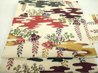平和屋着物●九寸名古屋帯　紅型　霞花文　鬼しぼ縮緬　正絹　逸品　DABD1324ps