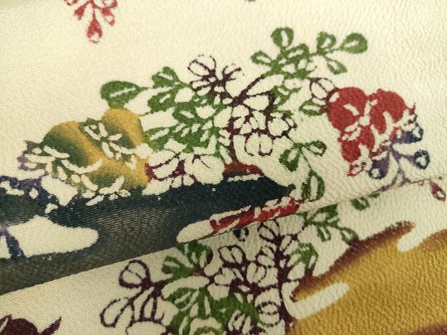 平和屋着物●九寸名古屋帯　紅型　霞花文　鬼しぼ縮緬　正絹　逸品　DABD1324ps