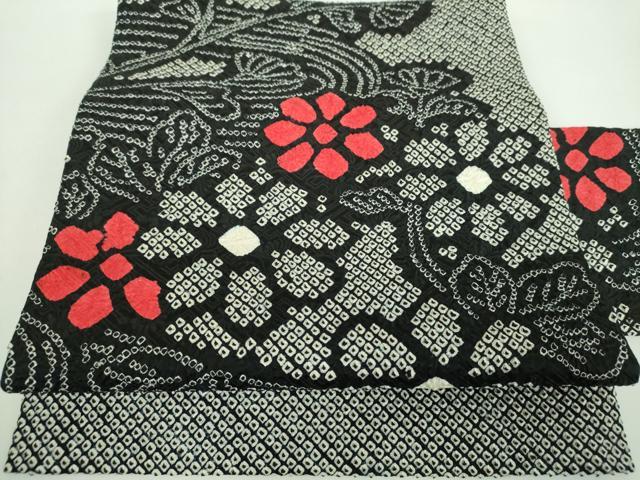 平和屋着物●九寸名古屋帯　総絞り　流水花文　黒地　正絹　逸品　DABD1325ps