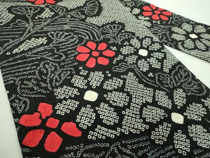 平和屋着物●九寸名古屋帯　総絞り　流水花文　黒地　正絹　逸品　DABD1325ps