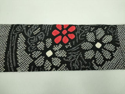 平和屋着物●九寸名古屋帯　総絞り　流水花文　黒地　正絹　逸品　DABD1325ps