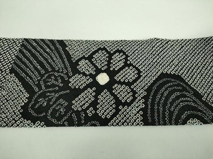 平和屋着物●九寸名古屋帯　総絞り　流水花文　黒地　正絹　逸品　DABD1325ps