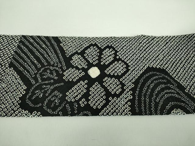 平和屋着物●九寸名古屋帯　総絞り　流水花文　黒地　正絹　逸品　DABD1325ps
