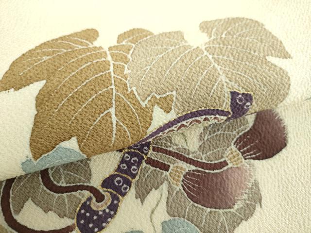 平和屋着物●九寸名古屋帯　団扇花文　蔦の葉文　鬼しぼ縮緬　金彩　正絹　逸品　DABD1327ps