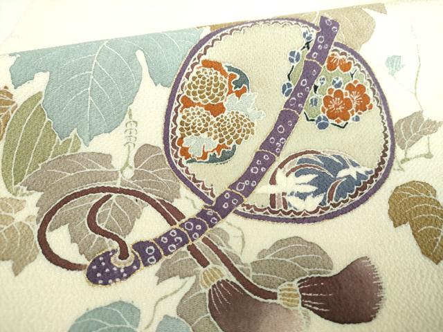 平和屋着物●九寸名古屋帯　団扇花文　蔦の葉文　鬼しぼ縮緬　金彩　正絹　逸品　DABD1327ps