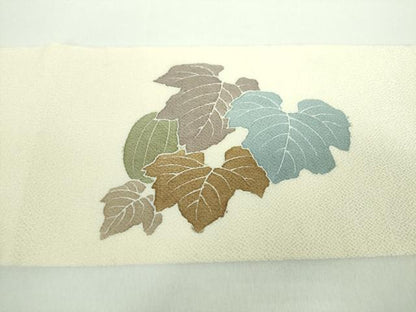 平和屋着物●九寸名古屋帯　団扇花文　蔦の葉文　鬼しぼ縮緬　金彩　正絹　逸品　DABD1327ps