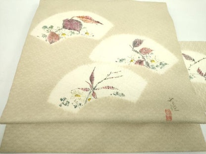 平和屋着物●九寸名古屋帯　作家物　絞り　手描き　地紙花文　正絹　逸品　DABD1329ps