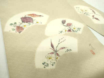 平和屋着物●九寸名古屋帯　作家物　絞り　手描き　地紙花文　正絹　逸品　DABD1329ps