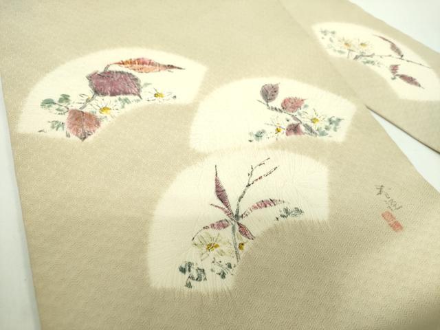 平和屋着物●九寸名古屋帯　作家物　絞り　手描き　地紙花文　正絹　逸品　DABD1329ps