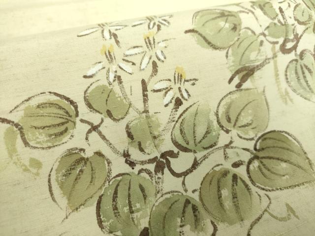 平和屋着物●九寸名古屋帯　紬地　作家物　手描き　草花文　正絹　逸品　DABD1332ps