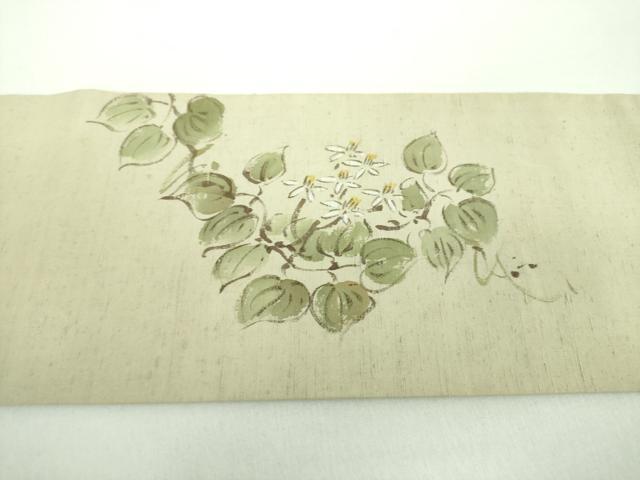 平和屋着物●九寸名古屋帯　紬地　作家物　手描き　草花文　正絹　逸品　DABD1332ps