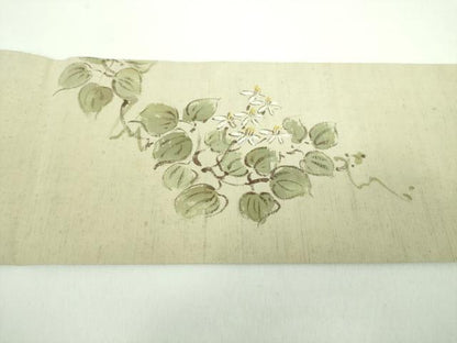 平和屋着物●九寸名古屋帯　紬地　作家物　手描き　草花文　正絹　逸品　DABD1332ps