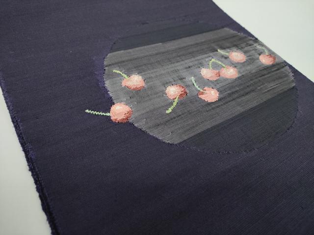 平和屋着物●八寸名古屋帯　紬地　すくい織　成り物　さくらんぼ　チェリー　ますいわ屋扱い　正絹　逸品　未使用　DABD1334ps