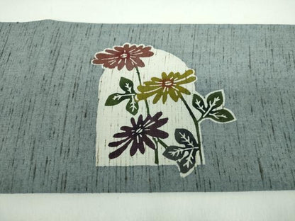平和屋着物●九寸名古屋帯　ぜんまい紬地　紅型　花鳥文　正絹　逸品　未使用　DABD1335ps