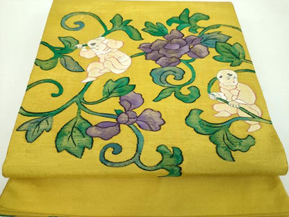 平和屋着物●太鼓柄袋帯　作家物　すくい織　花唐草文　唐子　正絹　逸品　DABD1338ps