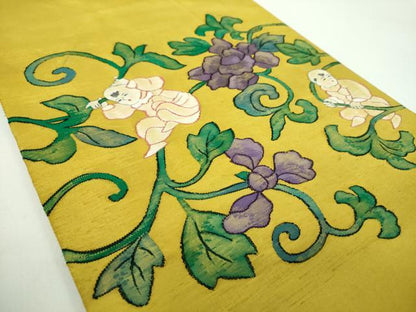 平和屋着物●太鼓柄袋帯　作家物　すくい織　花唐草文　唐子　正絹　逸品　DABD1338ps