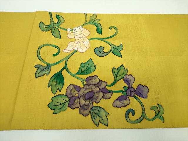 平和屋着物●太鼓柄袋帯　作家物　すくい織　花唐草文　唐子　正絹　逸品　DABD1338ps
