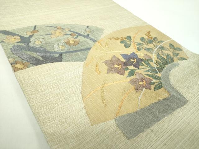 平和屋着物▽太鼓柄袋帯 スリーシーズン 春夏秋 すくい織 地紙花文 金銀糸 正絹 逸品 DABD1340ps