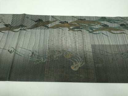 平和屋着物▽両面 六通柄袋帯 スリーシーズン 春夏秋 群れ鶴 金彩 正絹 逸品 未使用 DABD1352ps