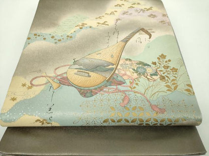平和屋着物●友禅師・京の名工・伝統工芸士・樽本伊勢蔵　太鼓柄袋帯　手描き　楽器花文　琵琶　金銀彩　正絹　逸品　DABD1361ps