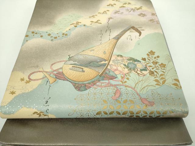 平和屋着物●友禅師・京の名工・伝統工芸士・樽本伊勢蔵　太鼓柄袋帯　手描き　楽器花文　琵琶　金銀彩　正絹　逸品　DABD1361ps