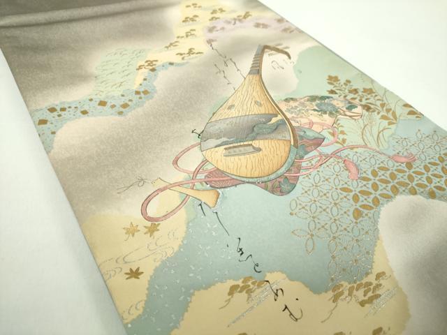 平和屋着物●友禅師・京の名工・伝統工芸士・樽本伊勢蔵　太鼓柄袋帯　手描き　楽器花文　琵琶　金銀彩　正絹　逸品　DABD1361ps