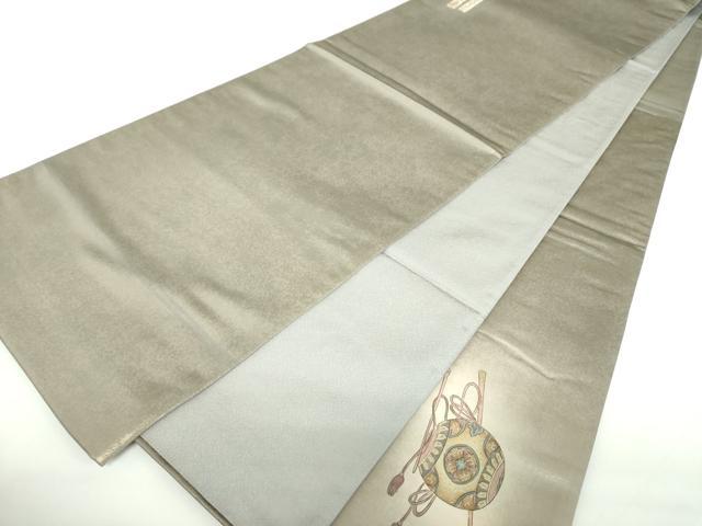 平和屋着物●友禅師・京の名工・伝統工芸士・樽本伊勢蔵　太鼓柄袋帯　手描き　楽器花文　琵琶　金銀彩　正絹　逸品　DABD1361ps