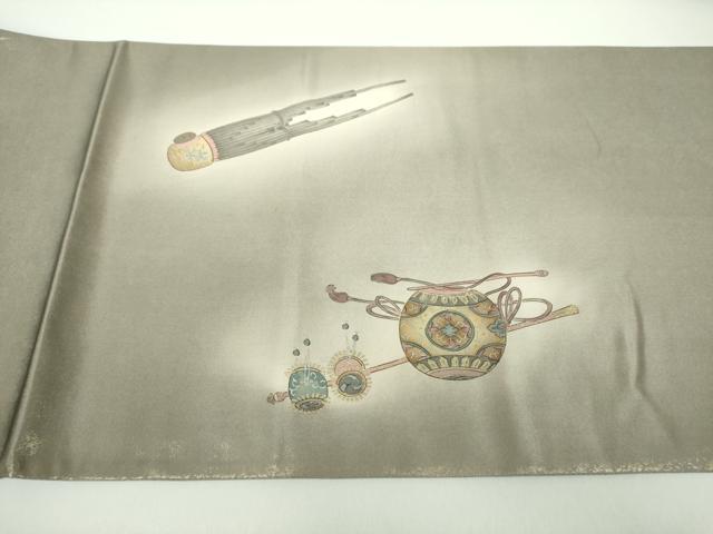 平和屋着物●友禅師・京の名工・伝統工芸士・樽本伊勢蔵　太鼓柄袋帯　手描き　楽器花文　琵琶　金銀彩　正絹　逸品　DABD1361ps