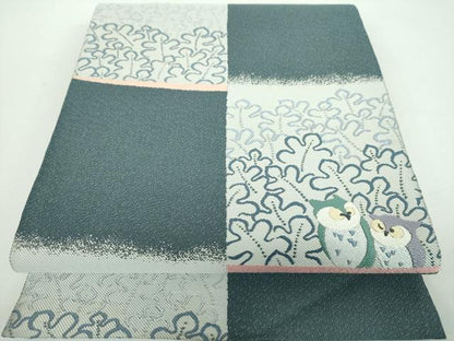 平和屋着物●六通柄袋帯　唐織　梟　市松文様　正絹　逸品　DABD1369ps