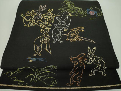平和屋着物●六通柄　京本袋帯　鳥獣戯画　髙山寺　黒地　金糸　正絹　逸品　DABD1382ps