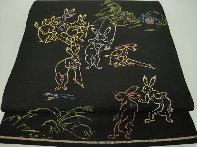平和屋着物●六通柄　京本袋帯　鳥獣戯画　髙山寺　黒地　金糸　正絹　逸品　DABD1382ps