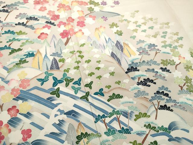 平和屋着物●訪問着　友禅　作家物　立波風景花文　暈し染め　正絹　逸品　未使用　DABD1397ps