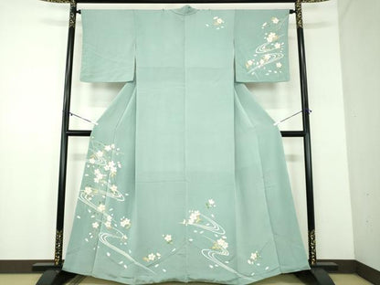 平和屋着物●訪問着　駒刺繍　流水枝垂れ桜　鬼しぼ縮緬　金彩　正絹　逸品　DABD1419ps